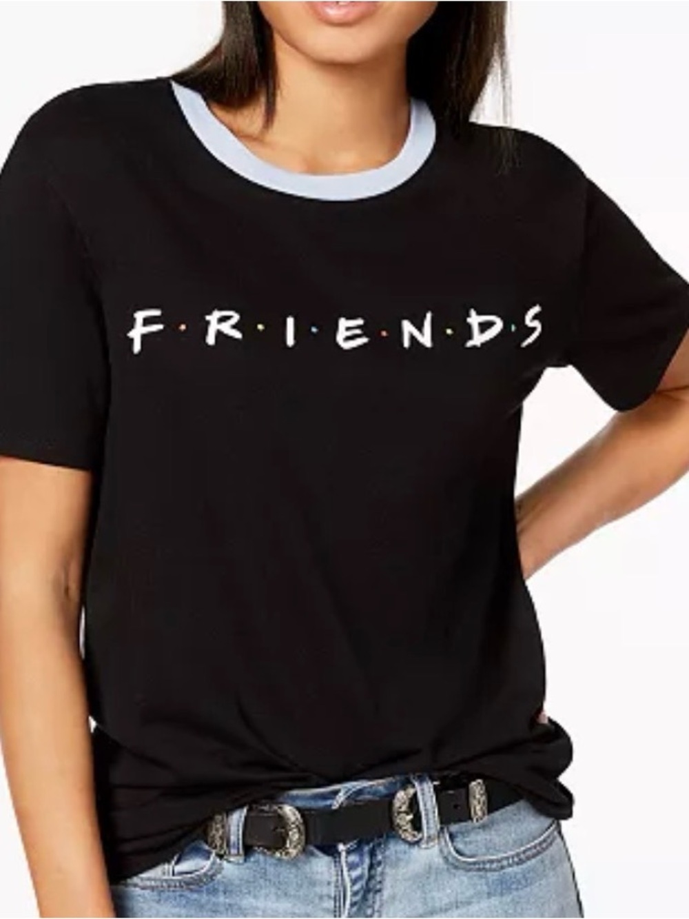 Love Tribe Black 'FRIENDS' Logo Tee with Light Blue Neck Trim